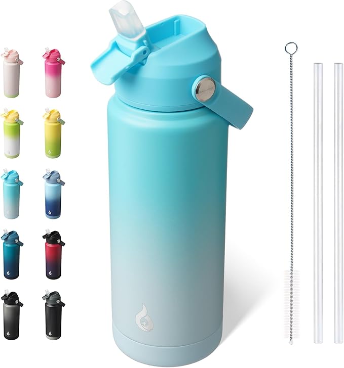 BJPKPK Water Bottle with Straw Lid, 24oz Vacuum Insulated Water Bottles, Metal Stainless Steel Thermos for Sports, Travel, BPA Free Leak Proof Thermos, Cups, Flasks, Tumblers,Sea Salt