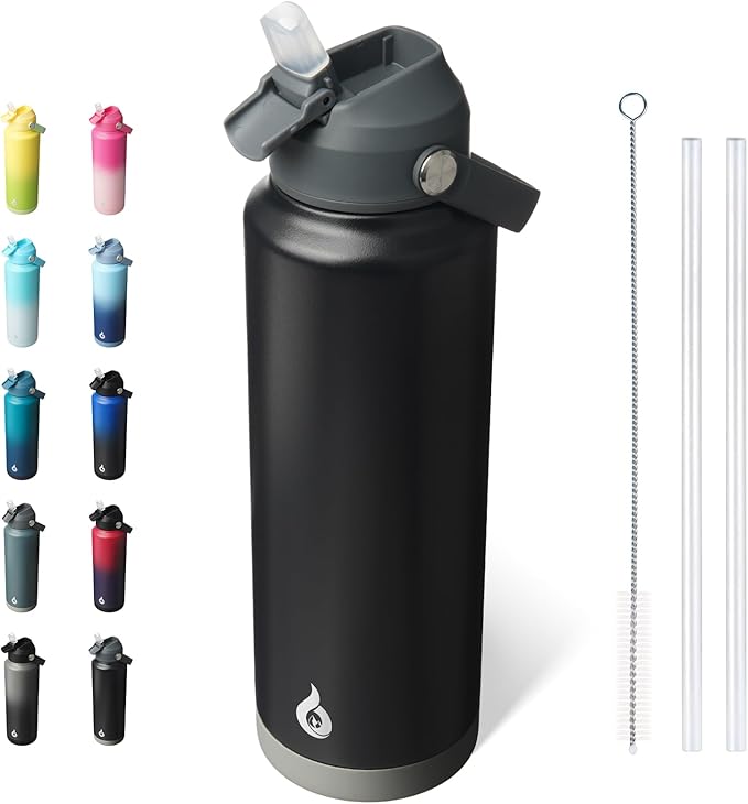 BJPKPK Insulated Water Bottle with Straw Lid, 40oz Large Thermos, BPA Free Leak Proof Stainless Steel Metal Water Bottles, Tumblers, Cups, Flasks for Travel, Sports,Black