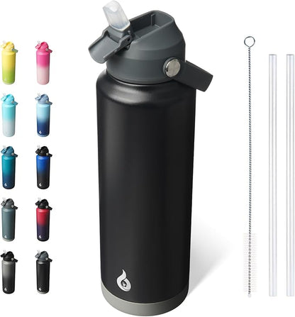 BJPKPK Insulated Water Bottle with Straw Lid, 40oz Large Thermos, BPA Free Leak Proof Stainless Steel Metal Water Bottles, Tumblers, Cups, Flasks for Travel, Sports,Black