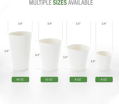 Restaurantware 16 Ounce Ripple Wall Disposable Coffee Cups, 500 Insulated White Paper Tumblers with Rolled Rim Design, Lids Sold Separately for Hot Drinks like Tea, Hot Chocolate and More