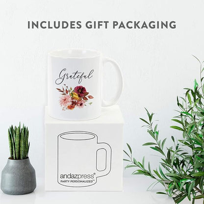 Andaz Press Fall Burgundy Marsala 11oz. Ceramic Coffee Tea Mug, Grateful, 1-Pack, Floral Blooms Graphic, Birthday, Friend, Family, Coworker, Autumn Season, Festive Thanksgiving Ideas