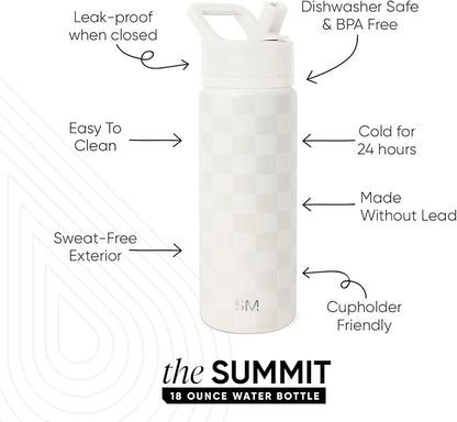 Simple Modern Kids Water Bottle with Straw Lid | Vacuum Insulated Stainless Steel Metal | Reusable Leak Proof BPA-Free Thermos for School | Summit Collection | 18oz, Cream Checkmate
