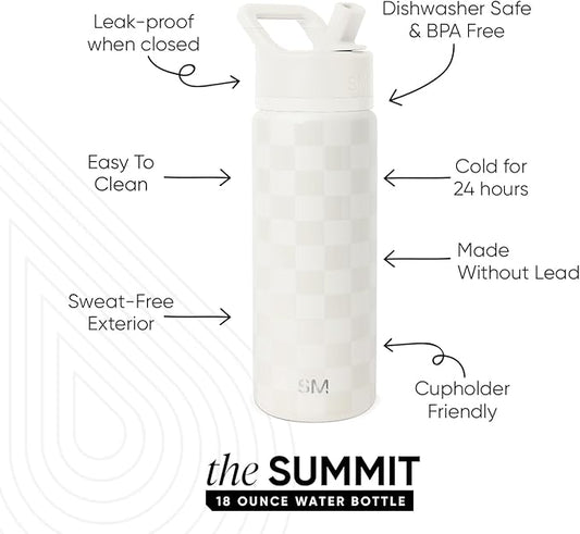 Simple Modern Kids Water Bottle with Straw Lid | Vacuum Insulated Stainless Steel Metal | Reusable Leak Proof BPA-Free Thermos for School | Summit Collection | 18oz, Cream Checkmate