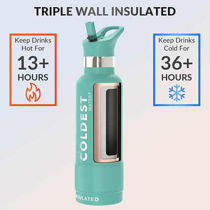 Coldest Insulated Water Bottle with Straw Lid - Stainless Steel Metal Insulated Bottle for Men & Women (Terraform Green, 21 oz)