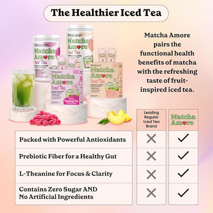 Fit & Lean Matcha Amore Iced Tea, Organic Ceremonial Grade Matcha Green Tea, Prebiotic Fiber, L-Theanine, Naturally Sweetened, NON-GMO, 0 Sugar, Peach Iced Tea, 10 Stick Packs