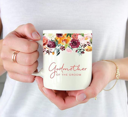 Andaz Press 11oz. Wedding Ceramic Coffee Tea Mug Gift, Fall Autumn Burgundy Orange Peach Flowers Roses Florals, Godmother of the Groom, 1-Pack, Includes Gift Box