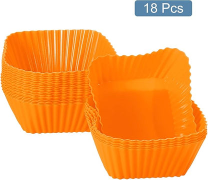 uxcell 18Pcs Silicone Cupcake Baking Cups, Silicone Muffins Liners Non-Stick Square Baking Cups, for Cooking Eggs Baking Muffins and Make a Cake(Orange)