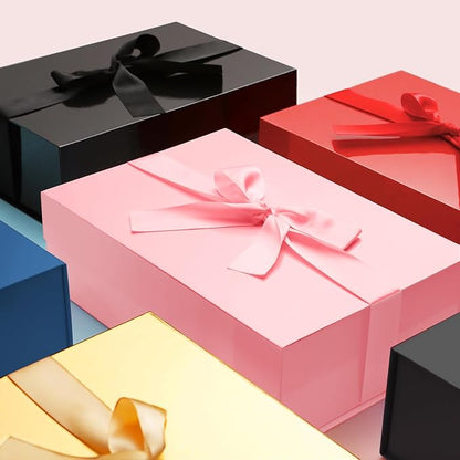 HAPPY POTATO 5 Large Gift Boxes with Ribbon 11.5x8.1x3.8 Inches, Black Boxes with Lids, Groomsmen Proposal Boxes, Magnetic Gift Boxes for Presents (Glossy Black, Pack of 5)
