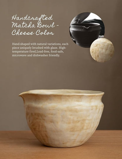 6-pcs Japanese Matcha Whisk Set with Handmade Wabi-Sabi Ceramic Bowl(Chawan),Bamboo Chasen, Whisk Holder, Scoop, Sifter & Tea Towel,Matcha Ceremony Kit,(Cheese-Colored)