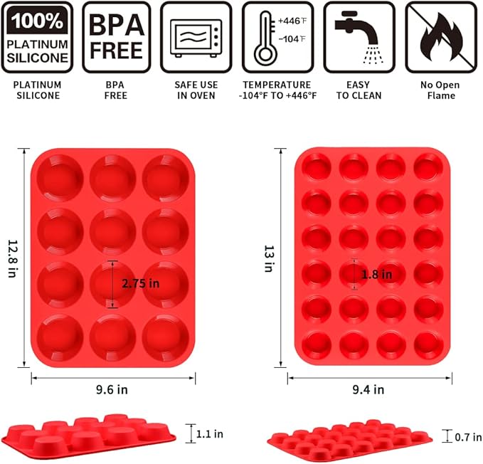 CAKETIME Silicone Muffin Pan, Mini Muffin Pan, Regular 12 Cups and Mini 24 Cups Cupcake Tin Set of 2 for Baking Egg Bites