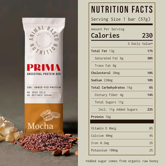 PRIMA ANCESTRAL PROTEIN BAR Grass Fed Protein Bars, 7 Pack – Animal-Based Protein Bar with Beef Tallow, Raw Honey, Seed Oil Free, Low Carb, Gluten-Free – Healthy, Energy Snacks for Clean Lifestyle (7 Pack, Mocha)