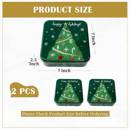 Pack of 2 Square Metal Christmas Cookie Tins With Lids, Elegant Green & Gold Festive Tins, Multipurpose Tins For Gift Giving, Durable & Stylish Storage Solution For Cake, Candy & More