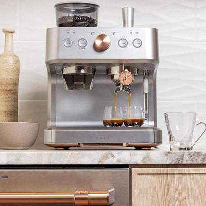 Café Bellissimo Semi Automatic Espresso Machine + Milk Frother | WiFi Connected, Smart Kitchen Essentials | Built-In Bean Grinder, 15-Bar Pump & 95-Ounce Water Reservoir | Steel Silver