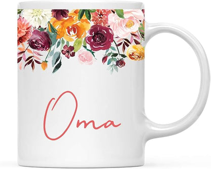 Andaz Press 11oz. Mother's Day Ceramic Coffee Tea Mug Gift, Fall Autumn Burgundy Orange Peach Flowers Roses Florals, Oma, 1-Pack