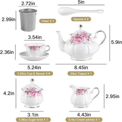 Sweejar Porcelain Tea Sets, Vintage British Floral Relief Gold Rimmed Teapot Cup and Saucer Set, Tea Set Service for 6, with Teapot, Sugar Bowl, Milk Jug, Spoons, Tea Cup and Saucer (Small Flower)