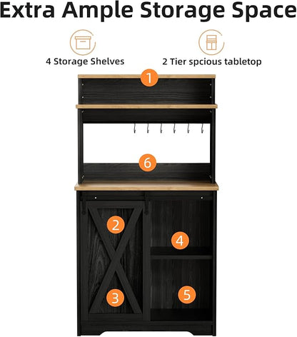 Farmhouse Coffee Bar with 3 Tier Storage Hutch, 56 Inch Small Bar Station with 6 Hooks, Corner Table with Adjustable Shelves for Living Dining Room (Black)