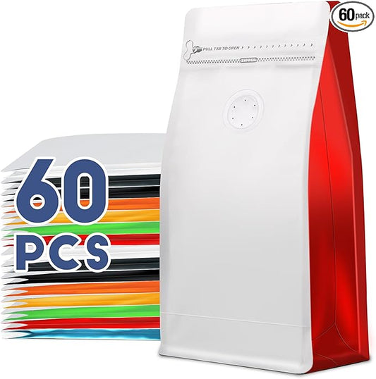 Coffee Bags with Valve(60pcs,16 oz,1 lb) Vented Coffee Beans Packaging Bags High Barrier Aluminumed Foil Flat Bottom Heat Sealed Side Zipper Resealable Storage Bag for Home or Business（White+Red）