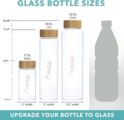 mayu Travel Water Bottle with Bamboo Lid - Borosilicate Glass Eco Friendly BPA Free | Adult and Kids Bottles with Cap - Leak Free Design - Non Toxic Reusable Hydration for Everyday Use | 0.5L, 17OZ