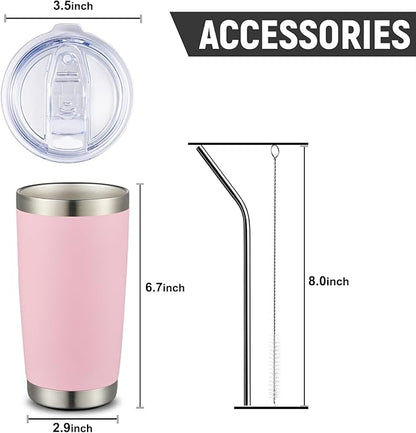 COMOOO 20oz Double Wall Vacuum Insulated Travel Mug, Stainless Steel Tumbler with Lid, Durable Powder Coated Insulated Coffee Cup for Cold & Hot Drinks (Pink, 6 Pack)