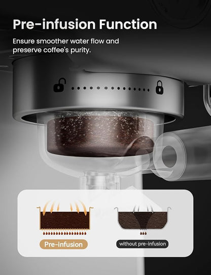 Neretva Espresso Machine, 15 Bar Espresso Coffee Machine with Visible Pressure Guage Professional Espresso Maker with Milk Frother & Stainless Steel for Home Barista Latte and Cappuccino Maker-Silver