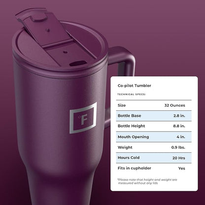 IRON °FLASK Co-Pilot Insulated Mug w/Straw & Flip Cap Lids - Cup Holder Bottle for Hot, Cold Drink - Leak-Proof - Water, Coffee Portable Travel Mug - Burgundy, 32 Oz