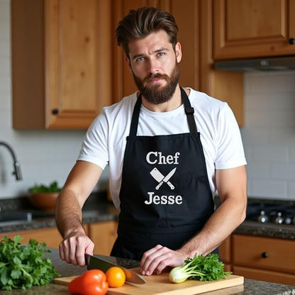 Personalized Chef Apron for Men, Custom Embroidered Design, Professional Kitchen Cooking BBQ Grilling for Dad, Decorated in USA