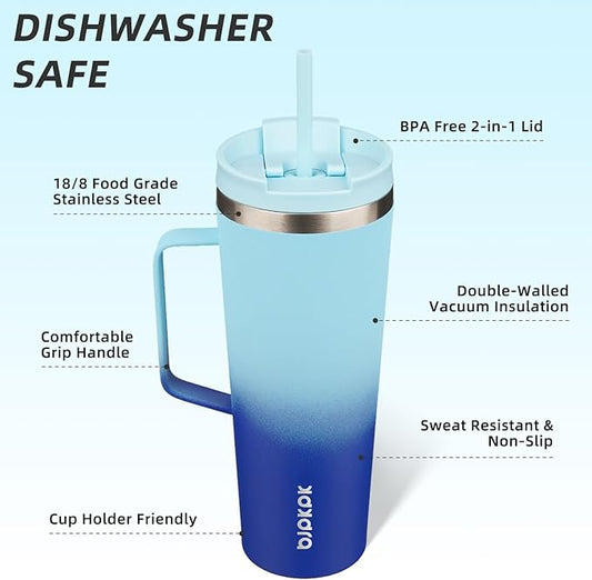 BJPKPK Insulated Tumbler with Handle, 26oz Insulated Tumblers with Lid and Straw, Stainless Steel Metal Water Bottles, Coffee Travel Mugs, Cups, Sky