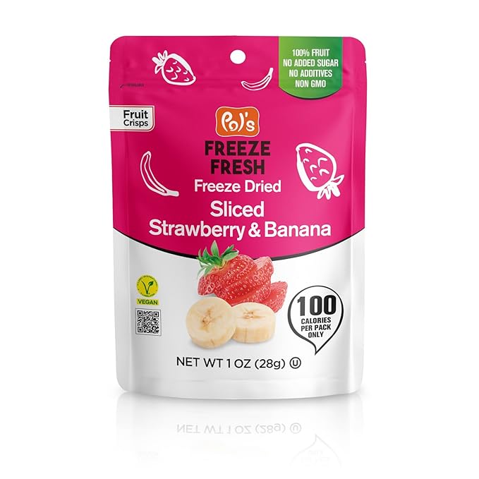 Pol’s Freeze Fresh - 6 Pack Freeze-Dried Fruit Mix – Whole Strawberry, Sliced Apple, Strawberry-Banana (1 Oz x6), No Sugar, Non-GMO, Kosher, Vegan, Gluten-Free