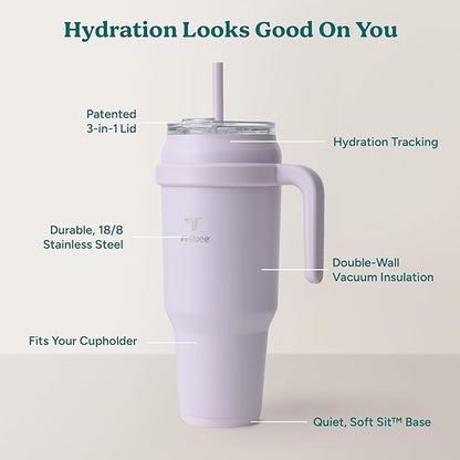 Reduce Reusable 50 oz Cold1 Water Tumbler – Ergonomic Handle – Double-Wall Insulation – Sturdy Desktop/Tabletop Mug with Lid and Straw -BPA-Free –Stainless Steel for Gym, Home, Office– Gentle Lavender