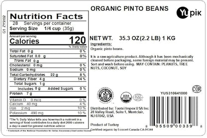 Yupik Organic Pinto Beans, 2.2 lb (35.3 oz), Non-GMO, Vegan & Gluten-Free, USDA Certified, Kosher, Dried Beans, Excellent Source of Protein & Fiber, Perfect for Refried Beans, Soups & Dips