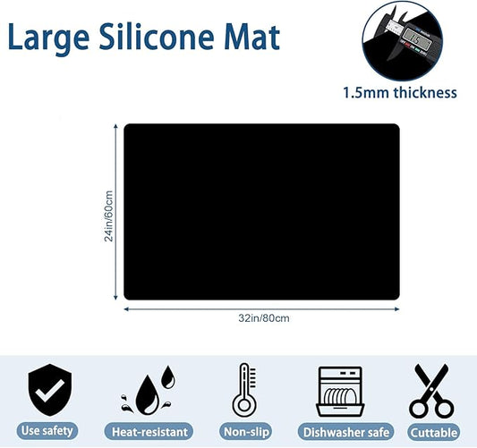 24"x32"(60cmx80cm) Silicone Mat for Kitchen Counter, Heat Resistant Non-Slip Countertop Protector, Waterproof Silicone Craft Mat for Kitchen Island, Dark Gray