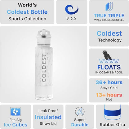 Coldest Insulated Water Bottle with Straw Lid - Stainless Steel Metal Insulated Bottle for Men & Women (Carrara Marble, 40 oz)