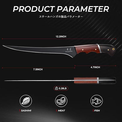Fish Fillet Knife 7inch - Black Meat Slicing Knife in High Carbon Steel, Boning Knives for Meat Poultry Chicken Trimming, Fish Knives with Wooden Handle, Gift for Men