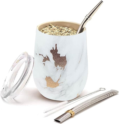 BALIBETOV 5 pcs large Yerba Mate Cup and Bombilla Kit, Includes one 12 oz Yerba Mate Gourd with Lid, Two Bombillas Mate Straw and one cleaning brush | Stainless steel | Double Walled