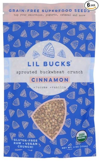 Lil Bucks Sprouted Regeneratively Grown Buckwheat Seeds– Paleo Cereal, Gluten-Free Granola, High in Protein, Low Sugar, Organic Superseed Crunch (CINNAMON, 6 Pack)