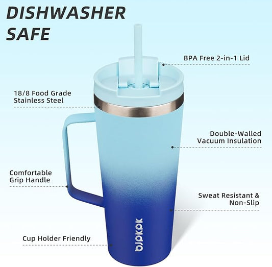 BJPKPK Insulated Tumbler with Handle, 22oz Insulated Tumblers with Lid and Straw, Stainless Steel Metal Water Bottles, Coffee Travel Mugs, Cups, Sky