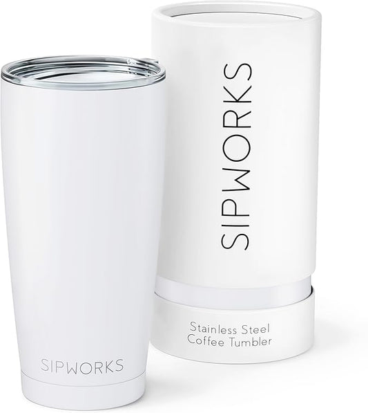 Stainless Steel Coffee Tumblers with Lids - 20z Double Walled Vacuum Insulated for Hot & Cold Drinks - Spill Resistant Travel Tumbler - Arctic White