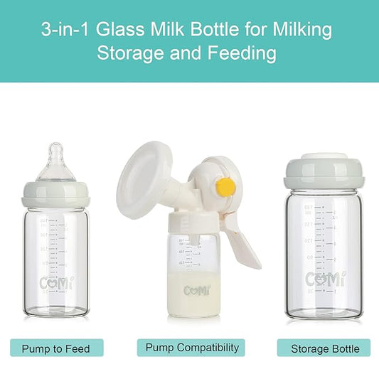 COMI Wide Neck Glass Breastmilk Collection n Storage Bottle, 6oz with Screw Ring Sealing Disk; Re-markable Sealing Disc. BPA Free, Fits Breast Pumps & Nipples (2 Pack Gray Lids)