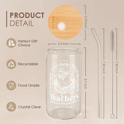 SANDJEST Teacher Glass Can, Teachers Plant Seeds That Grow Forever Cup with Lid & Straw, Coffee Aesthetic Cups, Gift for Christmas Teacher Appreciation, Gifts for Women, 16oz