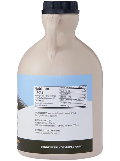 HIDDEN SPRINGS MAPLE 100% Organic Vermont Maple Syrup, Grade A Very Dark Robust, 32 Ounce, 1 Quart, Family Farms, BPA-free Jug