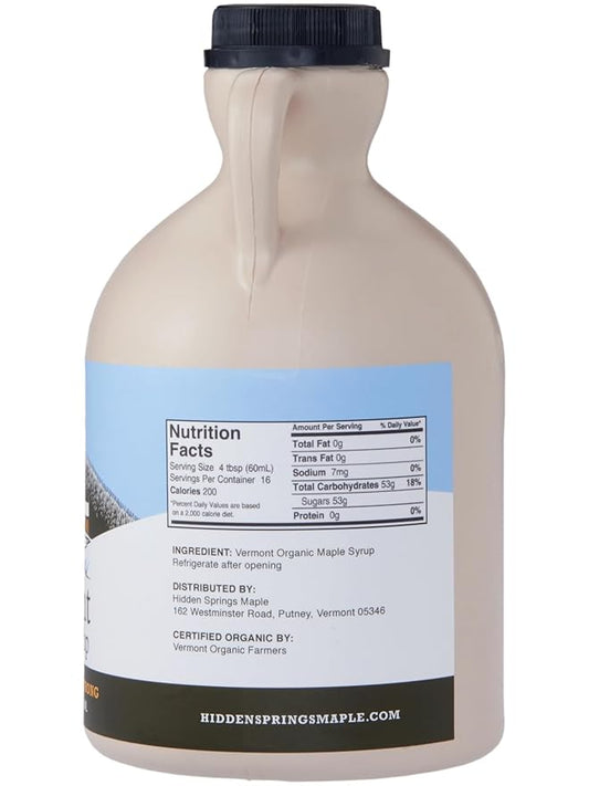 HIDDEN SPRINGS MAPLE 100% Organic Vermont Maple Syrup, Grade A Very Dark Robust, 32 Ounce, 1 Quart, Family Farms, BPA-free Jug