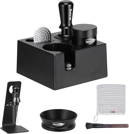 IKAPE 51MM Black Espresso Tool Set 8 IN 1, Coffee Tamper, Distributor, Magnetic Funnel, Puck Screen, Tamper Station, Stirrer Distribution Tool, Cleaning Towel and Brush