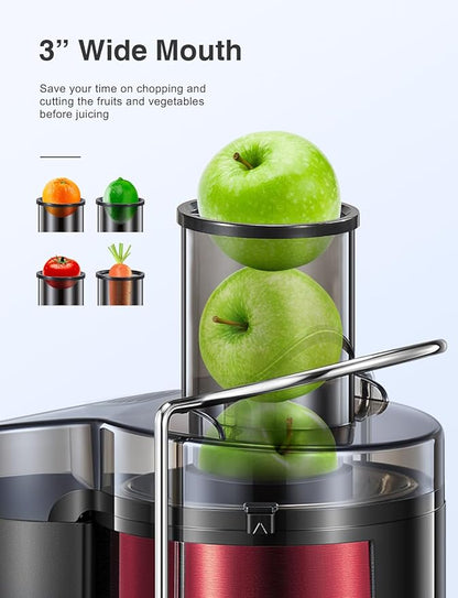 Juicer Machine, 800W Centrifugal Juicer Extractor with Wide Mouth 3” Feed Chute for Fruit Vegetable, Easy to Clean, Stainless Steel, BPA-free (Metallic Red)