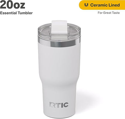 RTIC 20oz Essential Tumbler with Lid, Insulated, Stainless Steel, Metal, Double Wall Vacuum-Insulation, Ceramic Lined, Travel Cup for Iced Coffee, Tea, Hot and Cold Drink, White