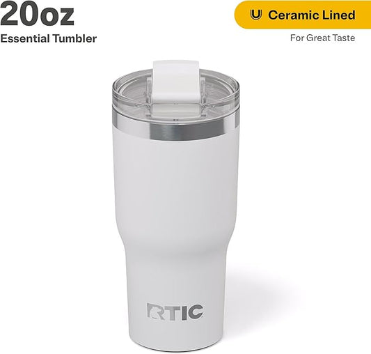 RTIC 20oz Essential Tumbler with Lid, Insulated, Stainless Steel, Metal, Double Wall Vacuum-Insulation, Ceramic Lined, Travel Cup for Iced Coffee, Tea, Hot and Cold Drink, White