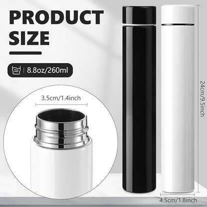 Vesici Slim Water Bottle 8.8 oz Small Stainless Steel Purse Compact Insulated Water Bottles Camping Travel Backpack Pocket Flask for Car Cold Coffee Tea(Black, White,2 Pack)