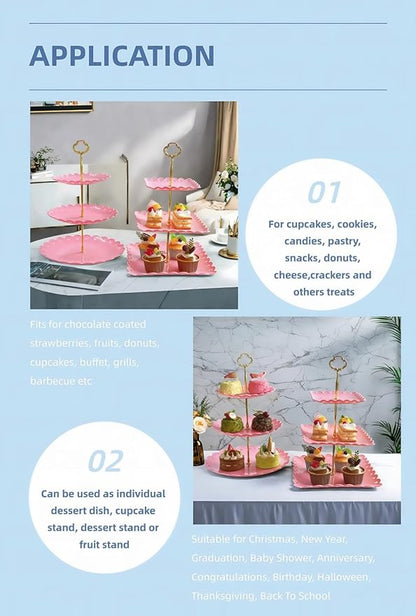 RAUVOLFIA 2 Pack of Plastic Round & Square Dessert Cupcake Stand, 3 Tier Cup Cake Holder Tower for Tea Party/Birthday/Wedding, Plastic Tiered Serving Tray (Pink)