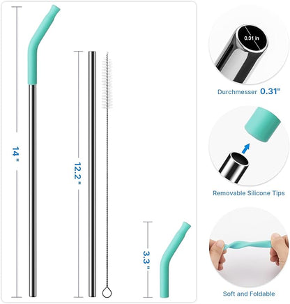 2 Pcs Stainless Steel Straws for 40 oz Stanley Tumbler, Replacement 40 oz Stanley Cup Straw Accessories with Silicone Tips and Cleaning Brush (Teal)