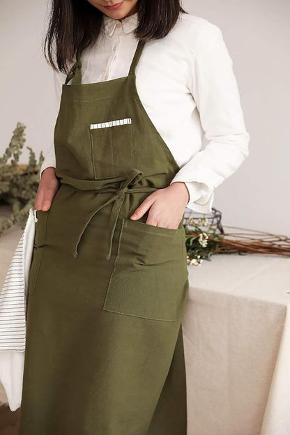 Adjustable Japan Nordic Style Soft Cotton Linen Apron with Four Pockets A Towel