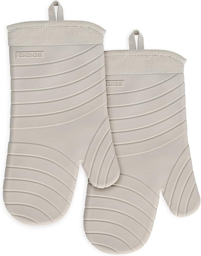Beneno Oven Mitts, Heat Resistant BPA-Free Soft Silicone Oven Mitts 2-Pack, Waterproof Non-Slip Flexible Oven Gloves with Comfort Cotton Lining, Durable Kitchen Mitt Set for Baking Grill, 7"x13" Beige